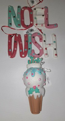 MACY'S HOLIDAY LANE CHRISTMAS ORNAMENTS, NOEL, WISH, JOY ICE CREAM CONE 