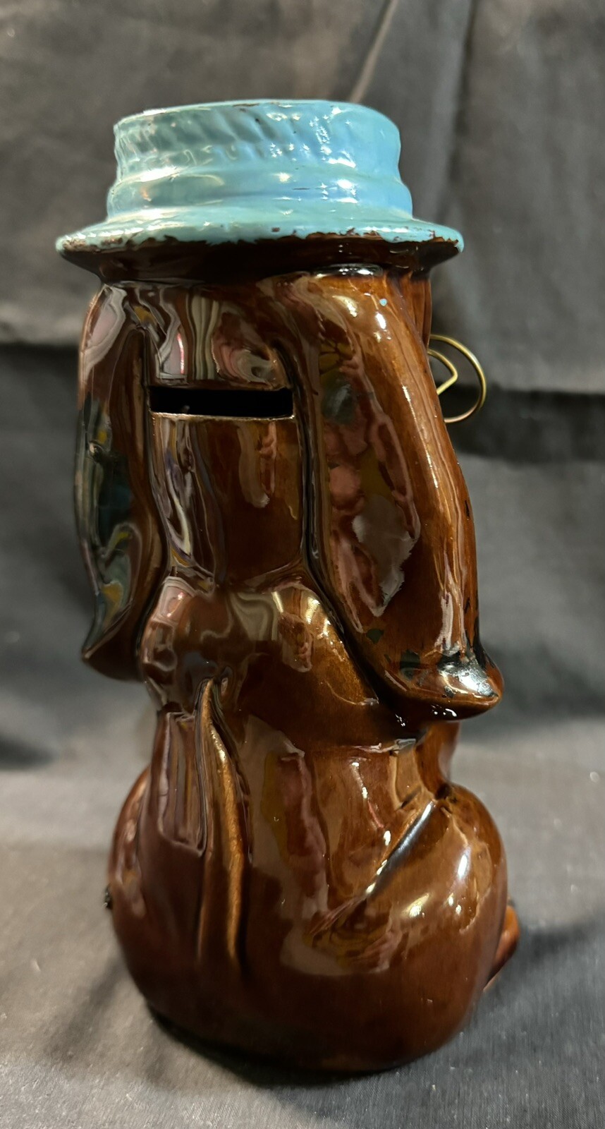 Vintage Enesco Droopy Hound Dog Coin Bank With Glasses  And Blue Hat Ceramic 7”