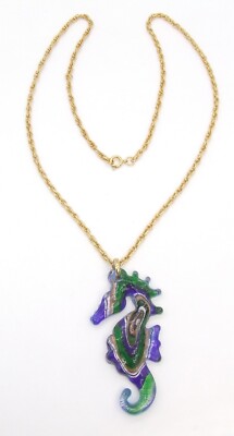 24'' Blue/Green/Gold Poured Glass Seahorse Pendant Gold Tone Rope Chain Necklace