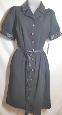 Shelby & Palmer Womens Dress Size 10 Black Midi Faux Leather Trim Belt Button Up