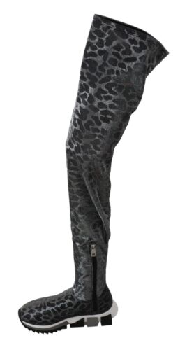 Pre-owned Dolce & Gabbana Dolce&gabbana Women Gray Sneakers Boots Leopard Print Above Knee Bootie Trainers
