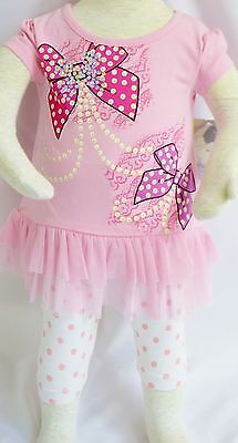 Flapdoodles girls Pink WHITE Leggings 12 months Bows Tulle Polka Dot TUNIC SET