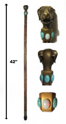 ANTIQUE! BRONZE DOG w OPAL & TURQUOISE. WALKING STICK CARVED PETROGLYPHS, SIGNED
