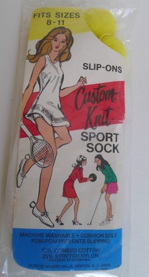 Custom-Knit Pom-Pom Sport Socks Cotton Nylon White & Yellow Vintage Ladies MIP