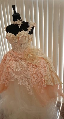 Romantic Blush & Ivory Corset Lace Tulle Organza Wedding Ball Gown