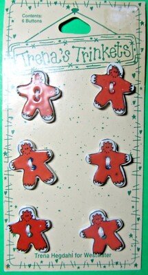 (6) TRENAS TRINKETS 1'' GINGERBREAD COOKIE CERAMIC 2-HOLE CHRISTMAS BUTTONS-D265