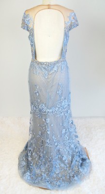 

MAC DUGGAL Пудровое синее телесное металлизированное кружевное платье с аппликацией из бисера, шаль, Синий