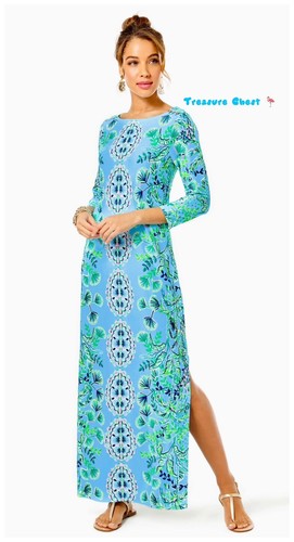 Pre-owned Lilly Pulitzer Seralina Maxi Frenchie Blue Mosaic Shells $298 Size L In Multicolor