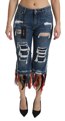 Pre-owned Dolce & Gabbana Jeans Cotton Blue Feathers Low Waist Cropped It36 /us2/ Xs $1300