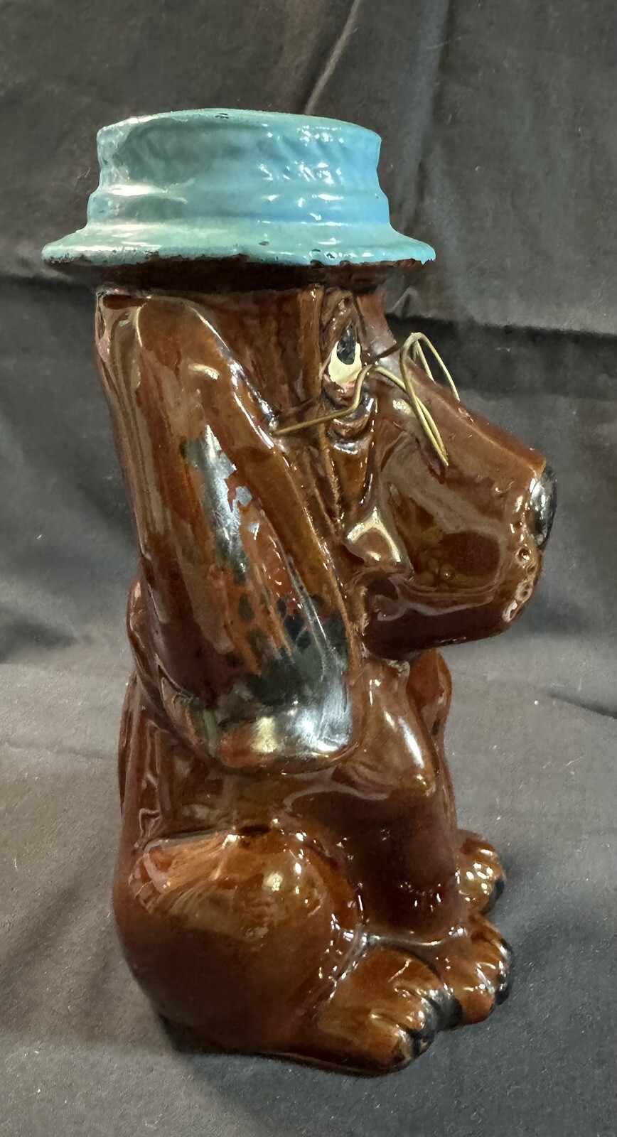 Vintage Enesco Droopy Hound Dog Coin Bank With Glasses  And Blue Hat Ceramic 7”