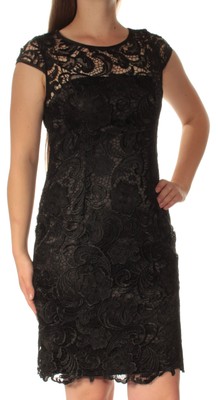 

ADRIANNA PAPELL Женское черное кружевное платье-футляр с короткими рукавами и иллюзорным вырезом, Черный