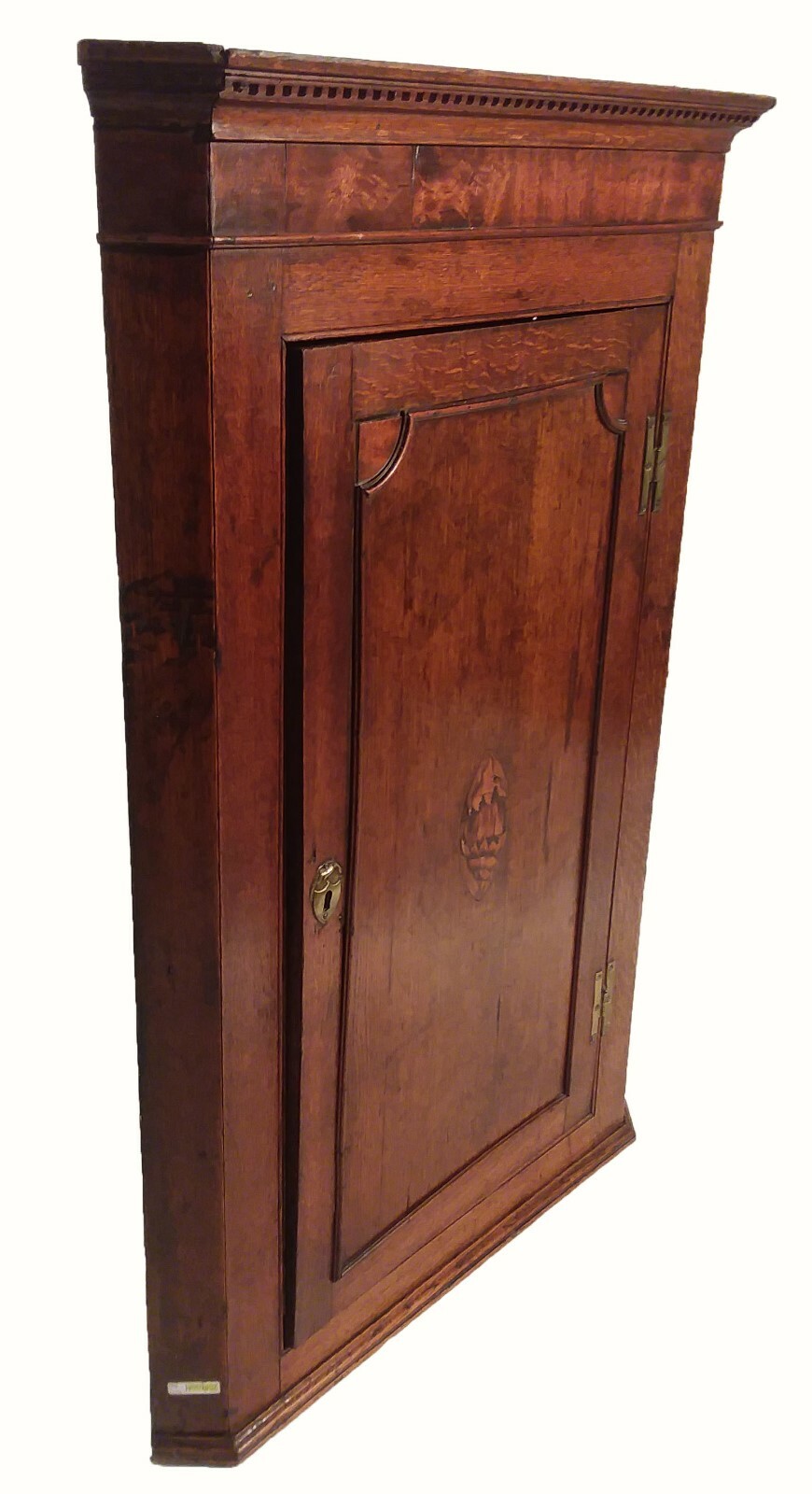 19th C. English Oak Hanging Corner Cabinet with Inlay Shell Motif Gorgeous