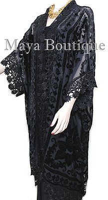 Pre-owned Maya Matazaro Lace & Burnout Velvet Kimono Caftan Jacket Duster Black  Plus