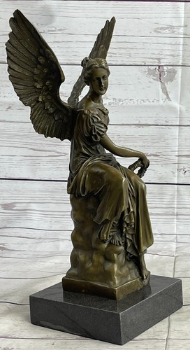 12" Tall Real Bronze French Angel w/ Sword Winged Victory Nike Sculpture Decor