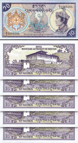 Bhutan 10 Ngultrum 1986, UNC, 5 Pcs LOT, Consecutive, P-15a, D/4 000