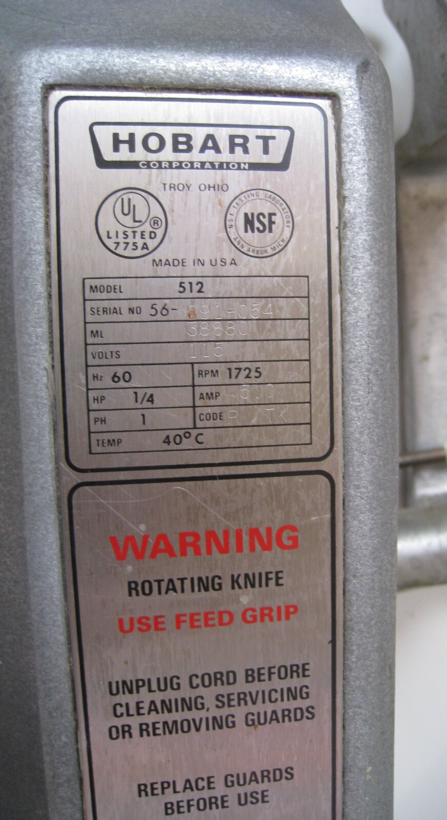 HOBART 512 MEAT SLICER PARTS GAUGE PLATE ASSEMBLY