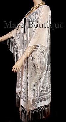 Pre-owned Maya Matazaro Ivory Kaftan Duster Fringe Jacket Kimono Opera Coat Burnout Velvet  In White