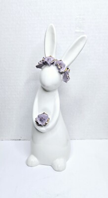 Cupcakes & Cashmere White Ceramic Easter Spring Bunny Purple Gold Roses Crown