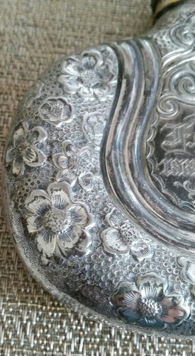 ANTIQUE HAND ETCHED & DATED FANCY LADIES  SILVERPLATE FLASK PINCHED FRONT & BACK