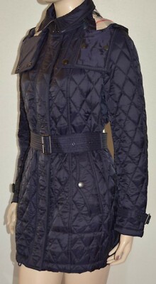 Pre-owned Burberry Finsbridge Belted Quilted Check Coat Jacket Size Medium In Blue