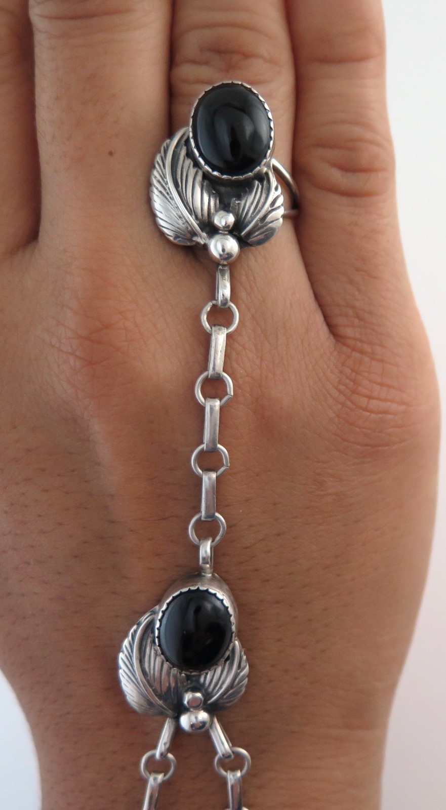 Ornate Sterling Silver with Onyx Unique Slave Bracelet - Ring Size 6