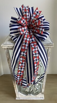 10'' Handmade Navy Blue & White With Watermelons Wired Wreath Bow - Summer Bow