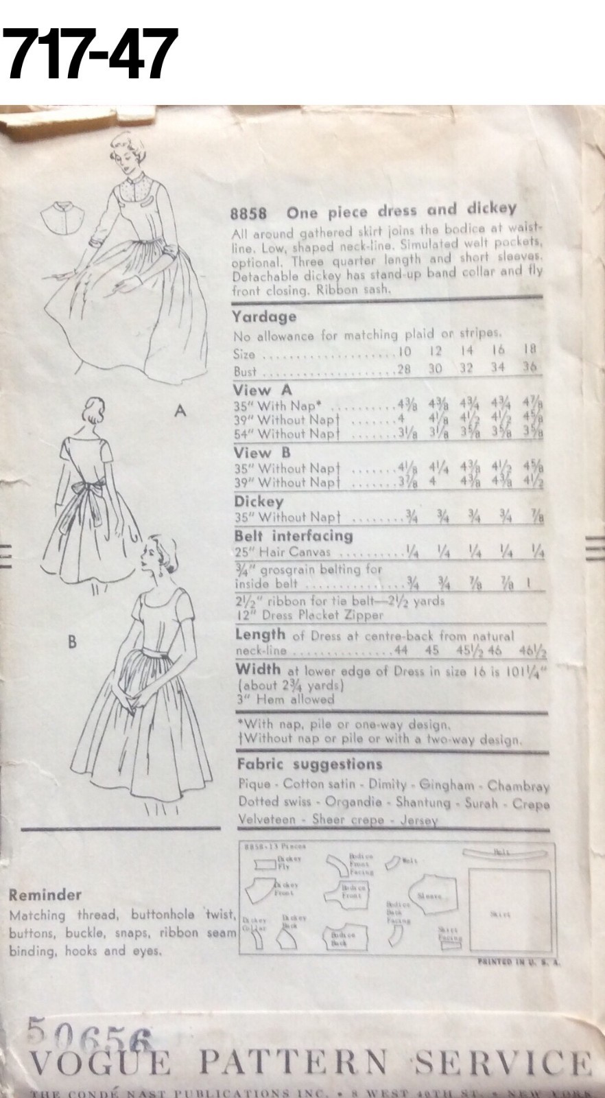 VTG Sewing Pattern Vogue #8858 Size 12 Bust 30 Hip 33 Dress and Dickey 1956