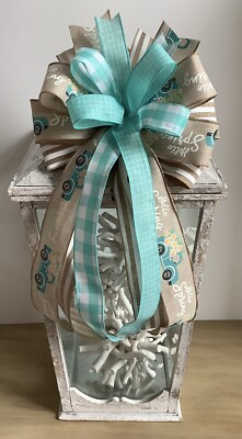 10'' Handmade Aqua & Beige Spring Wired Wreath Bow -Hello Spring