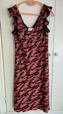 DBY Vintage 90s Y2K Red Pink Black Floral Midi Dress Flutter Sleeve Juniors L