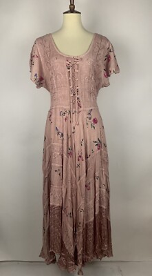 Sakkas Corset Midi Embroidered Dress Womens Size 1X / 2X Stonewash Boho Gypsy