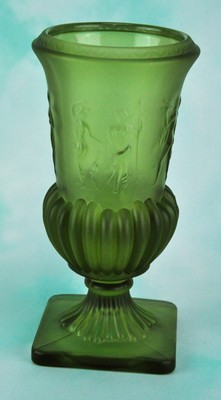 Antique Green Glass vase with Pedestal, probably Fastoria.   8 ½” (BI#MK/190211)