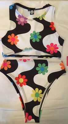 NEW Small Medium Rave Tank & Bottoms Neon Flowers Retro 60 s Club Dance Festival