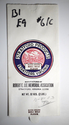 Vintage Paper Sack Bag - STRATFORD PRODUCTS ROBERT E LEE MEMORIAL, WHEAT FLOUR