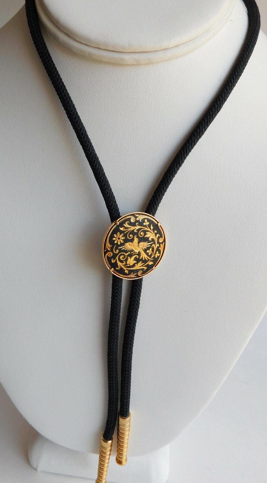 Vintage Spanish Damascene Gold Bird Inset Black Bolo Tie