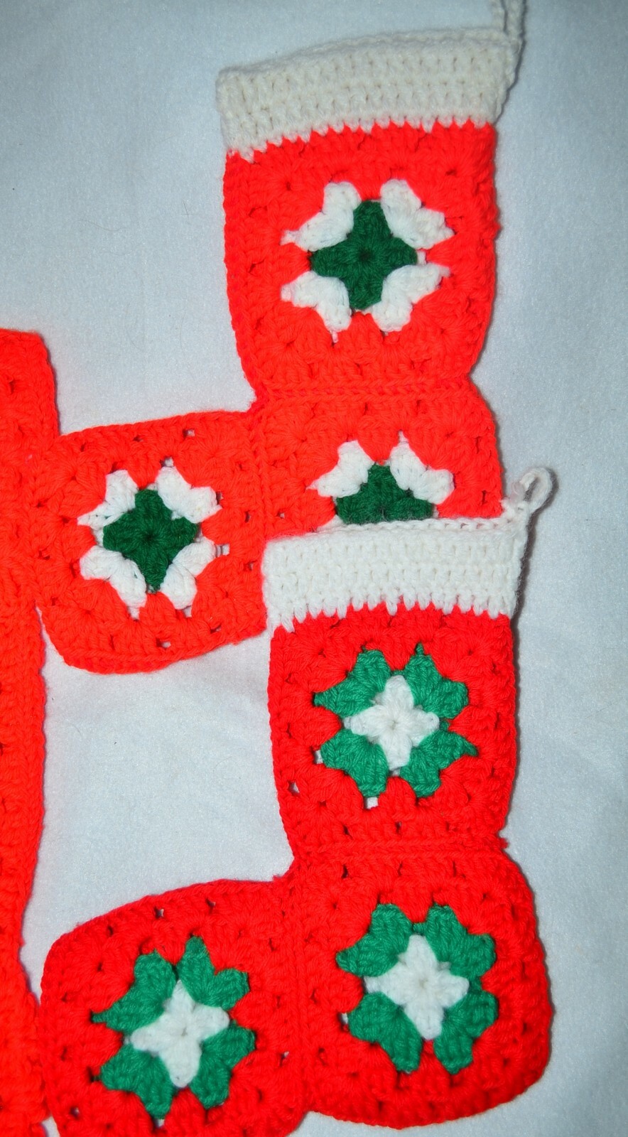 Lot of 5 Vintage Crochet Christmas Stockings Red White Green Granny Squares