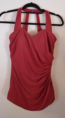 Lands' End 12 DD Red One Piece Drape Front Swimsuit Soft Cups H Back 50% Spandex