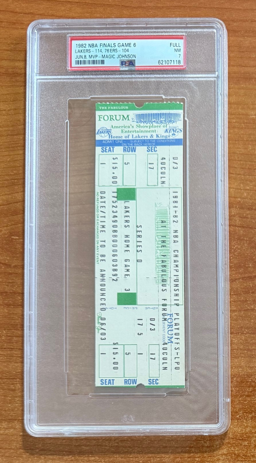 vintage PSA 7 - CLINCHER GAME #6 - 1982 NBA FINALS 76ERS @ LAKERS FULL TICKET