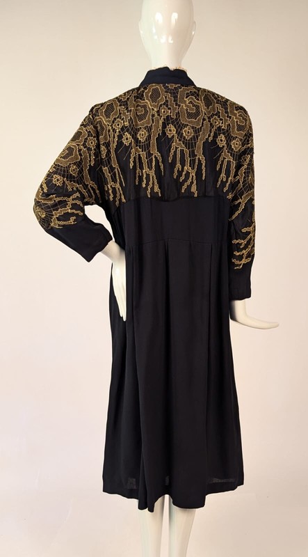LARGE SIZE 1940'S METALLIC GOLD LAME EMBROIDERED BLACK CREPE DRESS | eBay