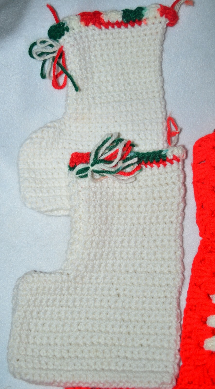 Lot of 5 Vintage Crochet Christmas Stockings Red White Green Granny Squares