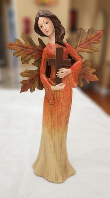 FALL HARVEST ANGEL RESIN FIGURINE WITH CROSS-13-1/4'' TALL-METAL WINGS