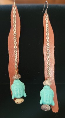 Handcrafted Brown Leather w/ Turquoise Asian Goddess Dangle Earrings SZ 4'' E77