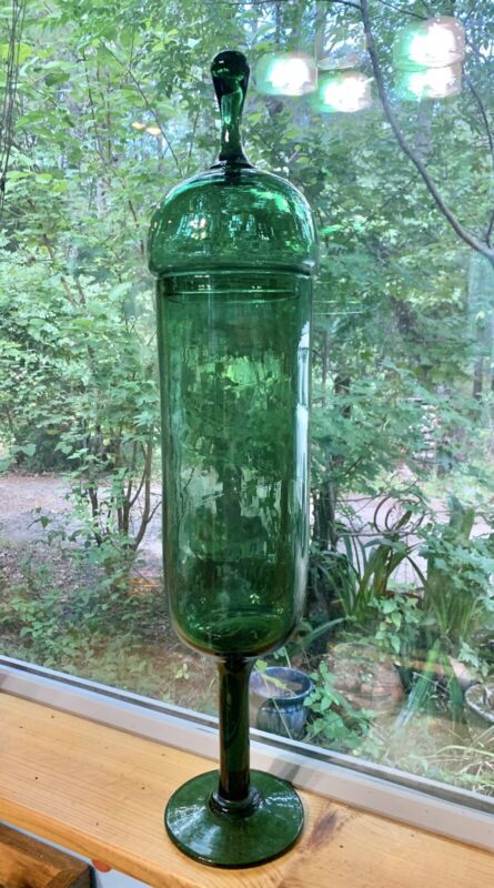 Huge 25” Footed Green Glass Apothecary Jar Empoli Italy Mid Century Modern Rare