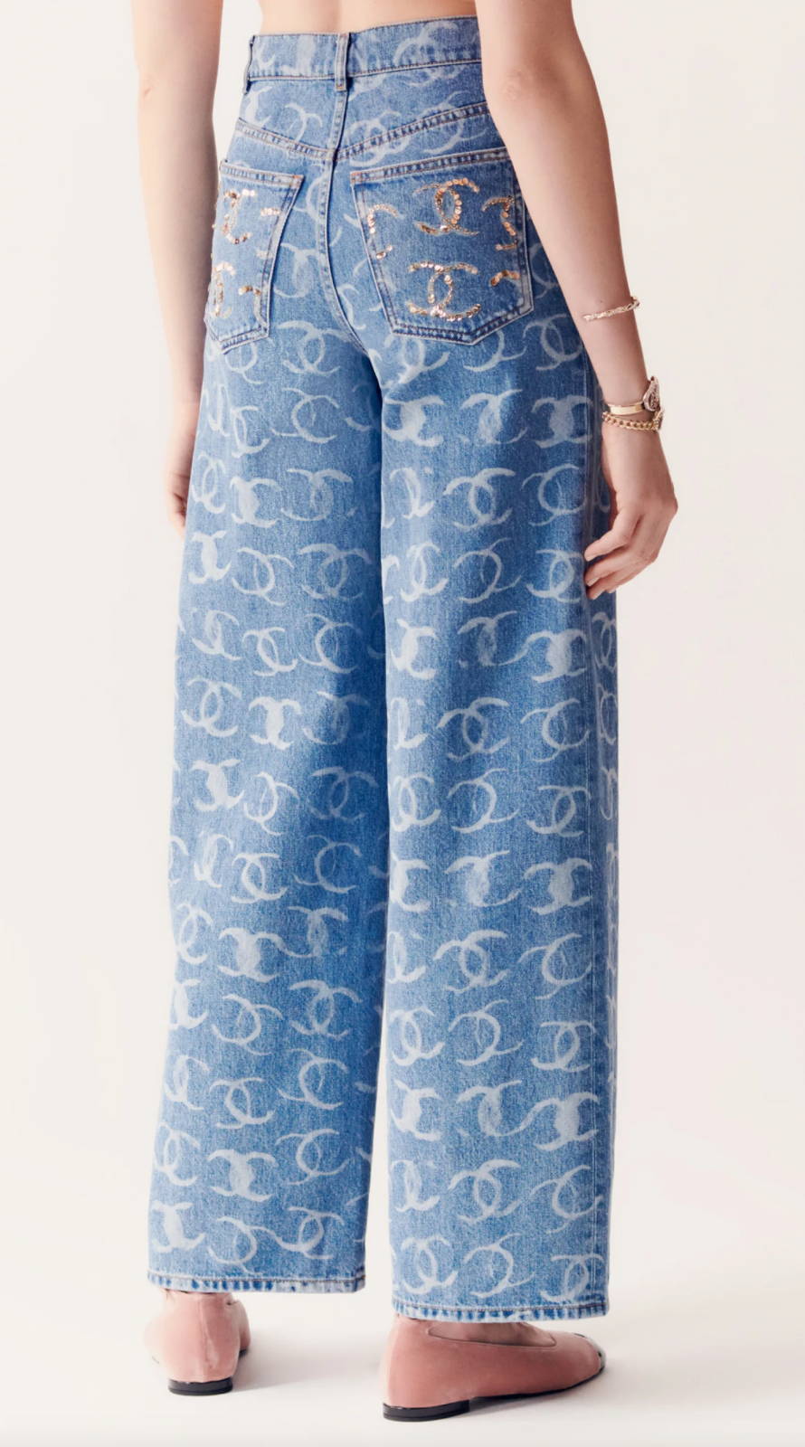 Chanel 23B Runway Light Blue Denim White CC Print Logo Baggy Chanel 23B Runway Light Blue Denim White CC Print Logo Baggy