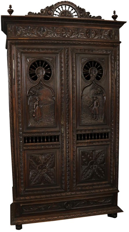 Antique Armoire Brittany French Carved Country People Figures Ship Wheel