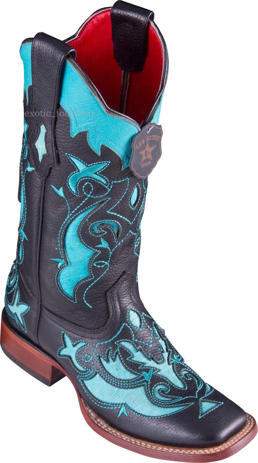 Pre-owned Los Altos Boots Women Los Altos Turquoise Lizard Overlay Ranch-square-toe Western Boot In Blue