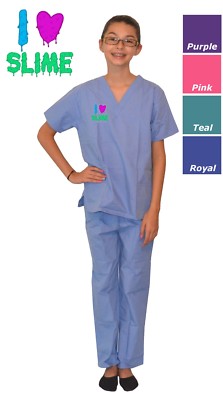 Kids Scrubs with I Love Slime Embroidery Design Pink Blue Purple Green