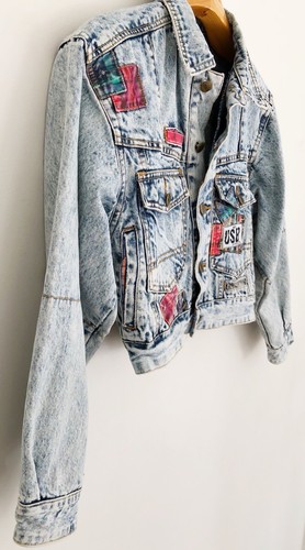 Vtg GET USED BY ELIE Mens Acid-Washed Denim Jean Jacket Sz S Button Up Patches