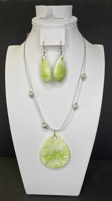 Premier Designs Jewelry White & Green Stone Necklace & Earrings SKU PD37