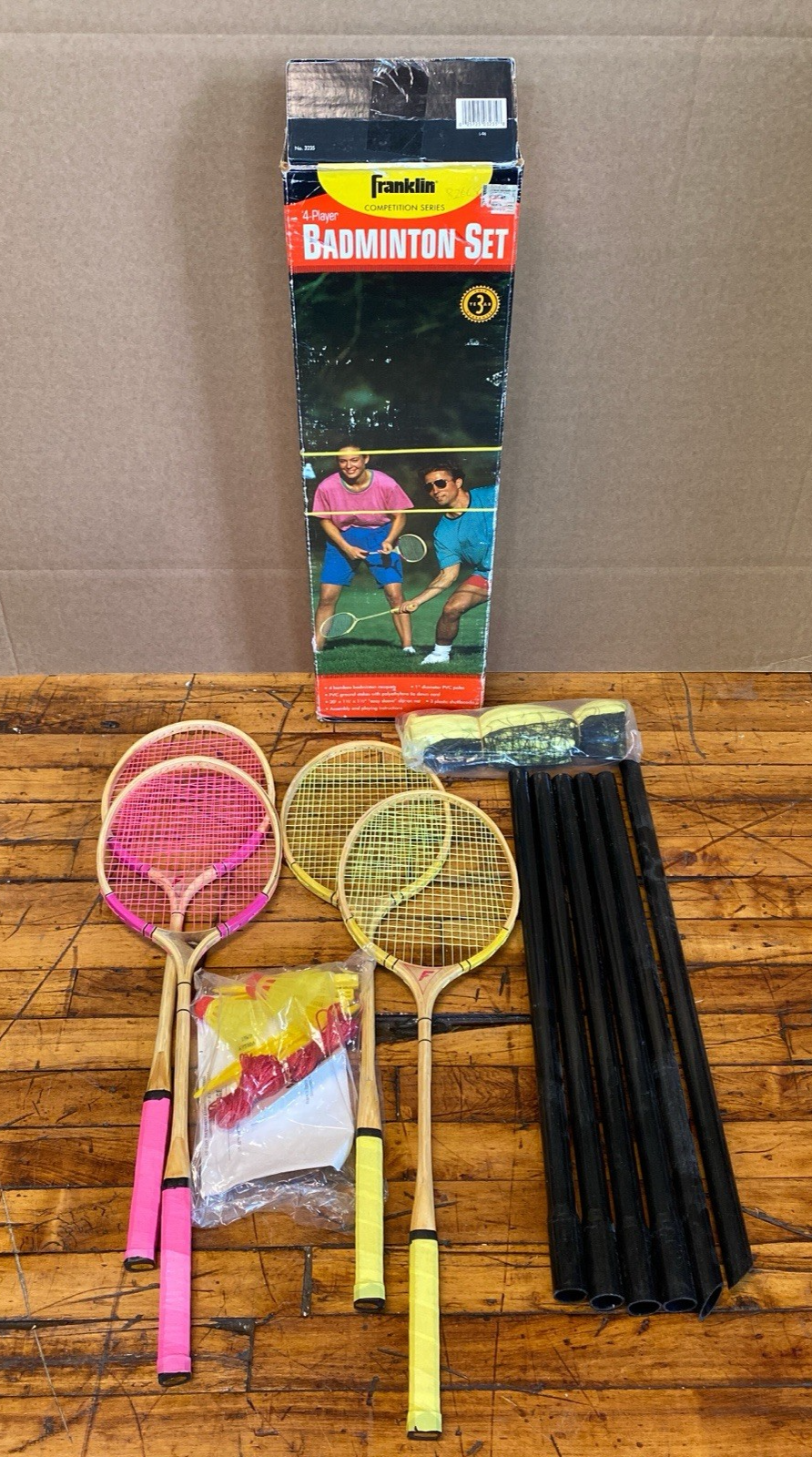Vintage Franklin 3231 Badminton Set Bamboo Racquets Net Poles Shuttlecocks