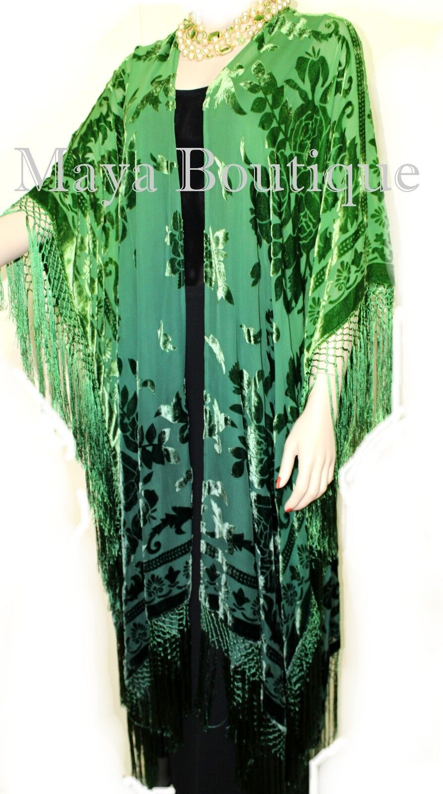 Pre-owned Maya Matazaro Green Wearable Art Kimono Caftan Fringe Jacket Burnout Velvet Hand Dyed Maya In Green Ombre